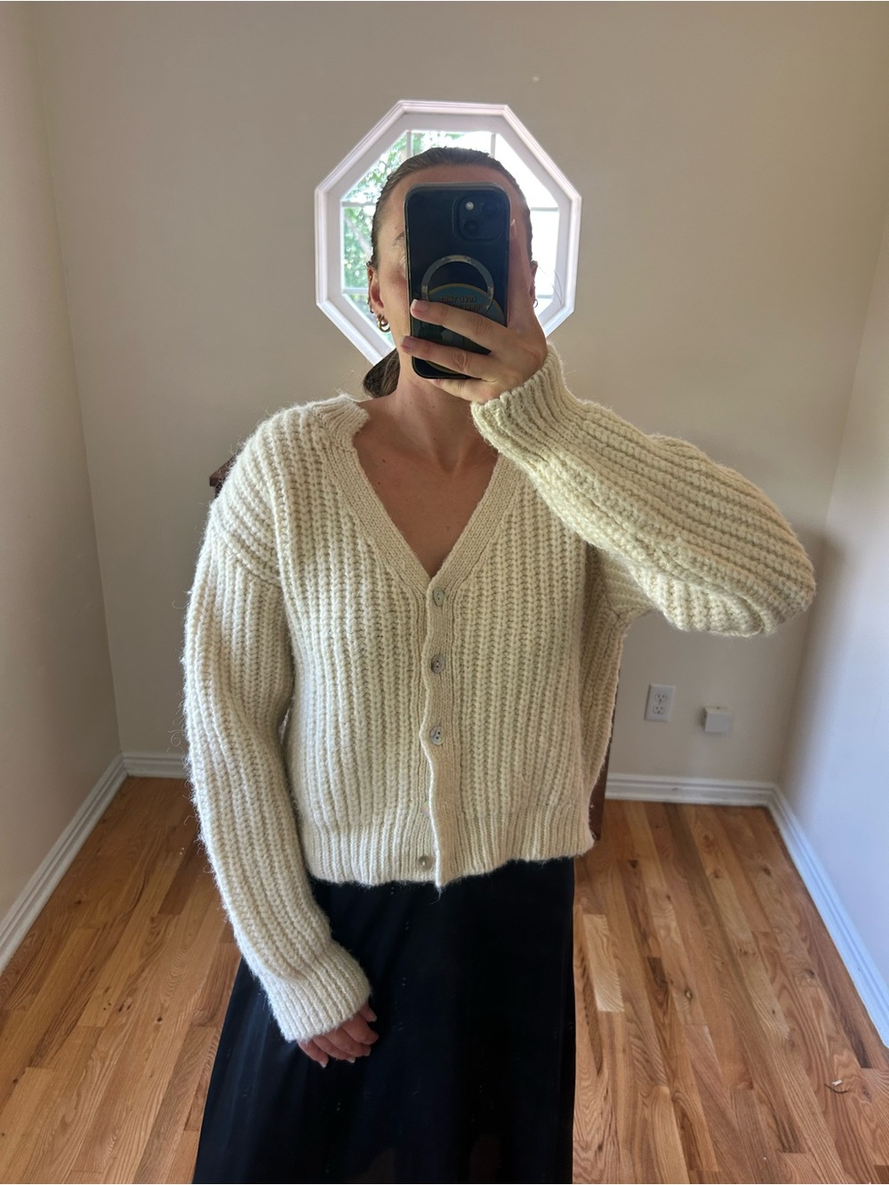 Zara Cream Chunky V-Neck Button Cardigan